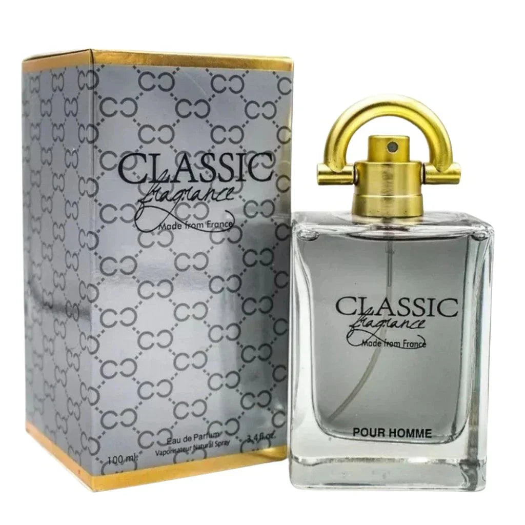 Classic Fragrance Pour Homme Eau de Parfum 3.4 fl oz clear glass bottle with a gold ring cap, standing next to its silver and gold geometric-patterned presentation box.