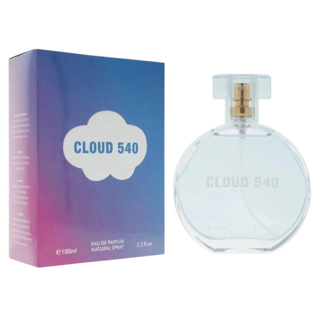 Cloud 540 100ml Eau de Parfum in a clear rounded glass bottle next to its vibrant blue, pink, and purple sky-themed box.