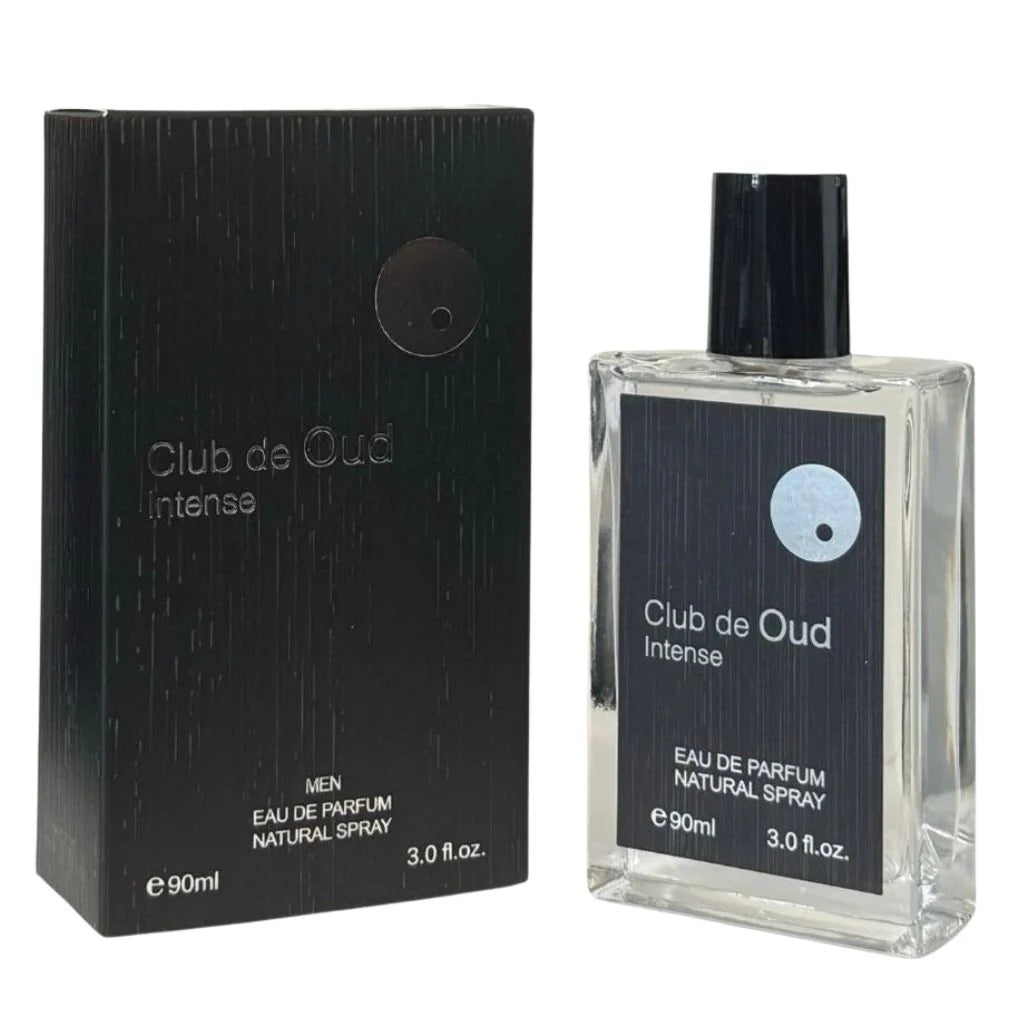 Club De Oud Intense for Men in a 90ml clear bottle with a black cap next to its textured black retail box.