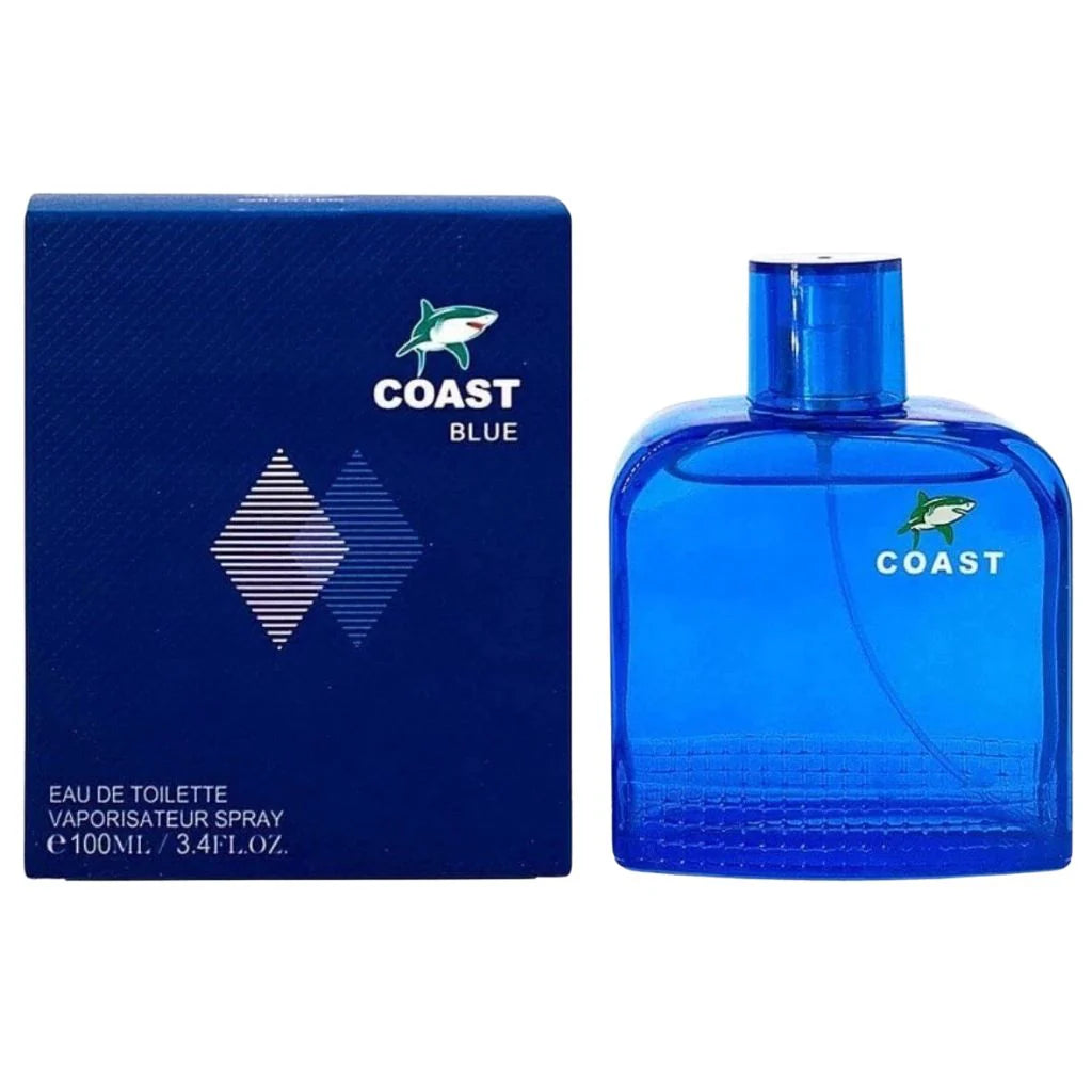Coast Blue by EBC Collection Eau De Toilette 100ml men's cologne spray bottle in royal blue beside its matching deep blue retail box.