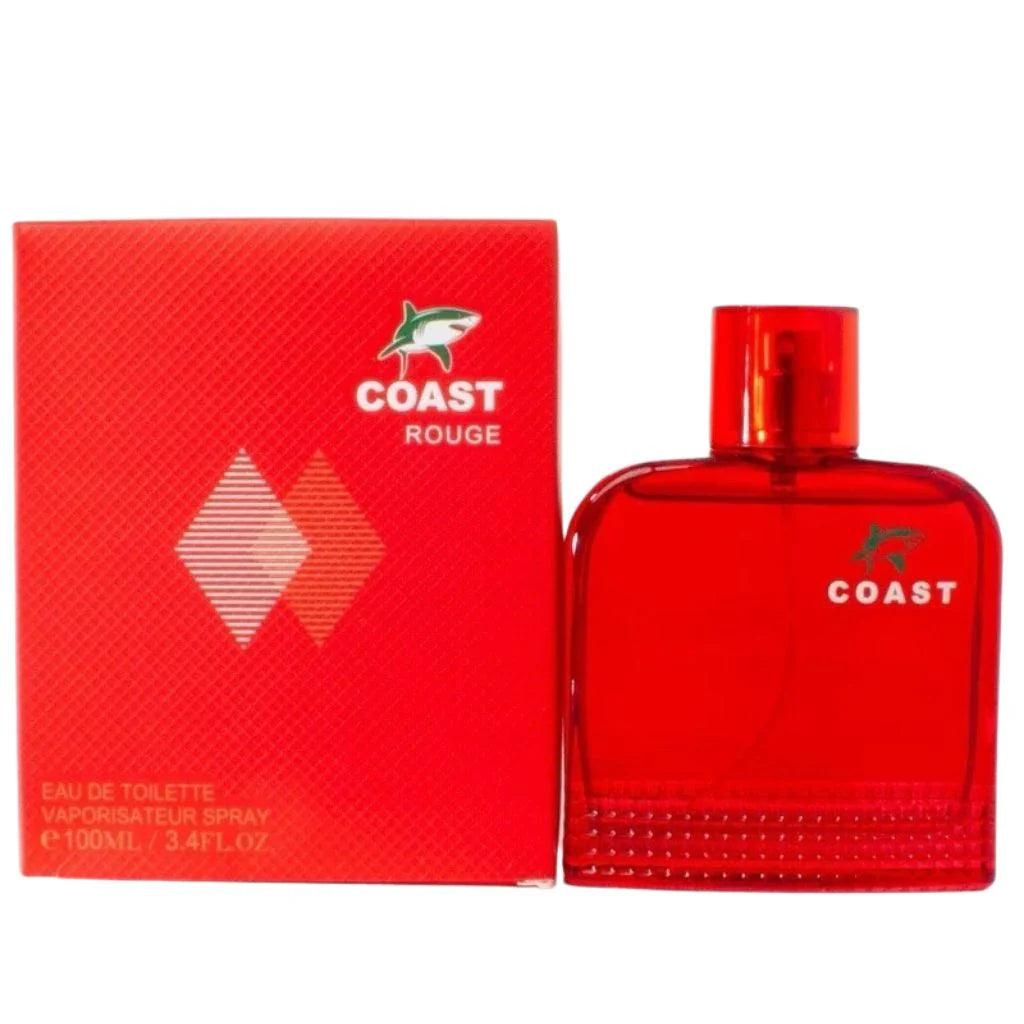 Coast Rouge Eau De Toilette 100ml men's cologne in its translucent red bottle next to its bright red matching retail box.