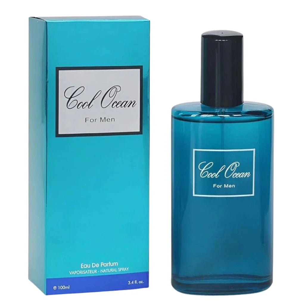 Cool Ocean Eau de Parfum 3.4 fl oz turquoise blue glass bottle with a dark cap shown standing next to its matching premium turquoise presentation box.