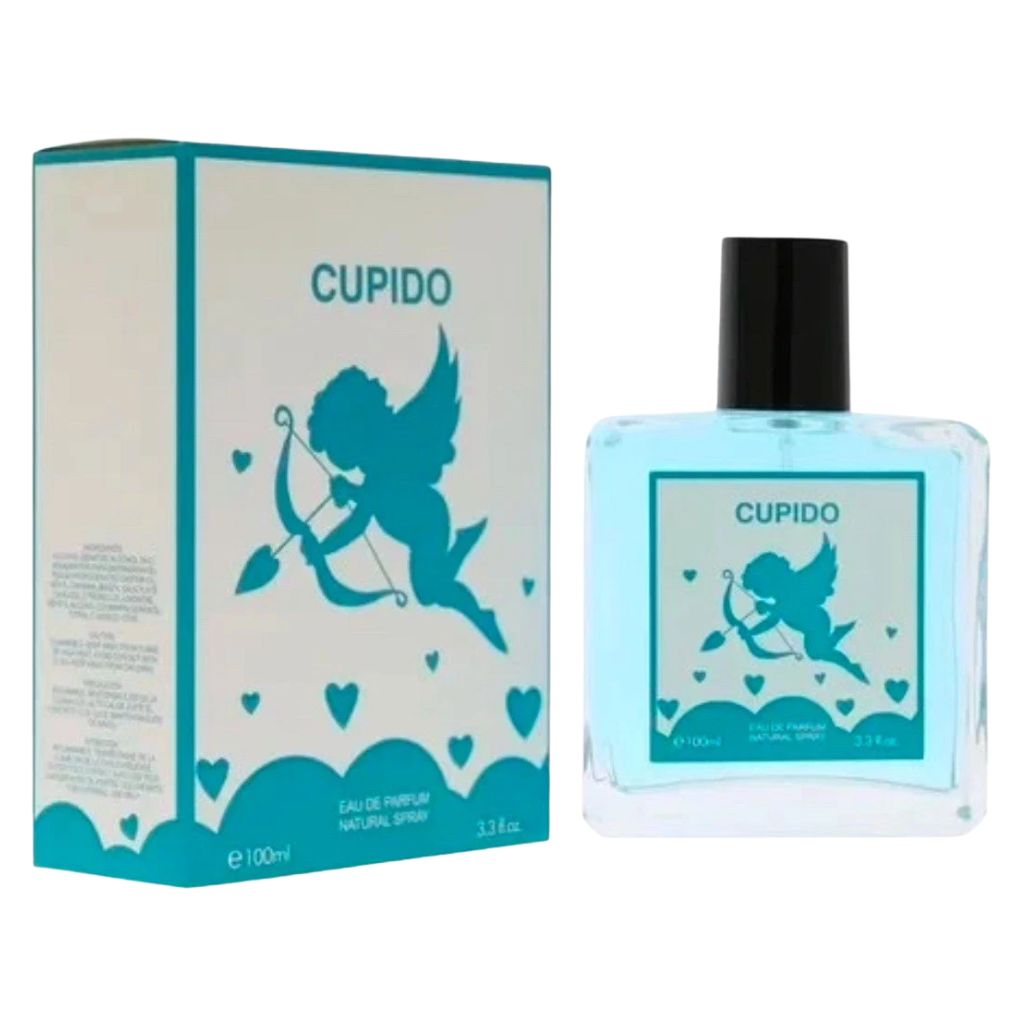 Cupido Eau de Parfum 100ml bottle with teal and blue packaging featuring a silhouette of Cupid and floral scent notes.

