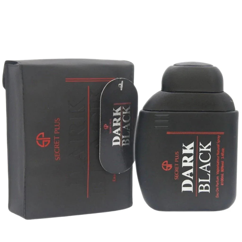 Dark Black Eau de Parfum 100 ml matte black bottle with red accents standing next to its matching minimalist black retail box.