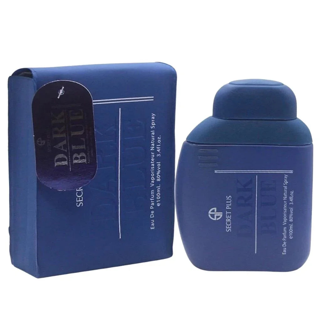 Dark Blue Eau de Parfum 100 ml matte midnight blue bottle standing next to its matching minimalist blue retail box.