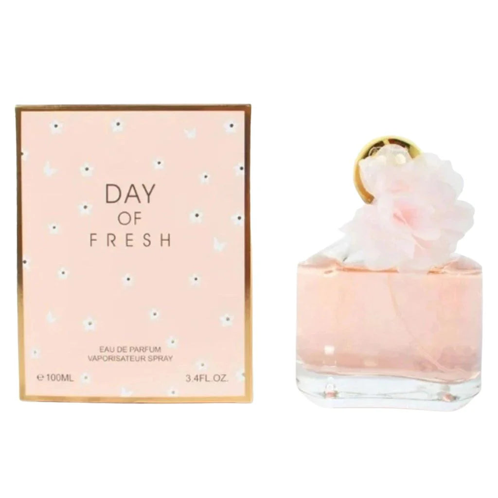 Day of Fresh 100ml Eau de Parfum in a clear square bottle with a pink floral cap next to its soft pink and white floral retail box.