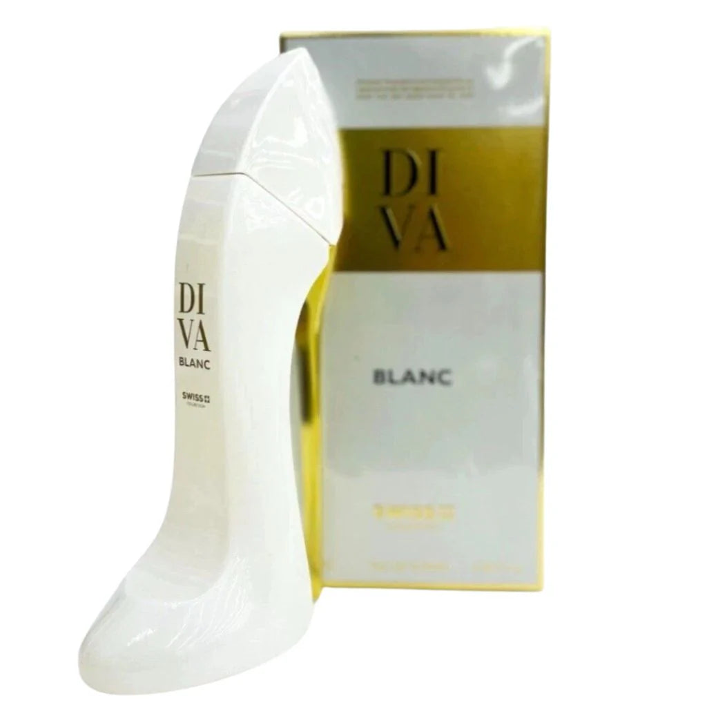 Diva Blanc by Swiss Collection 100ml Eau de Toilette in a white high-heel shaped bottle with gold accents next to its white and gold box.