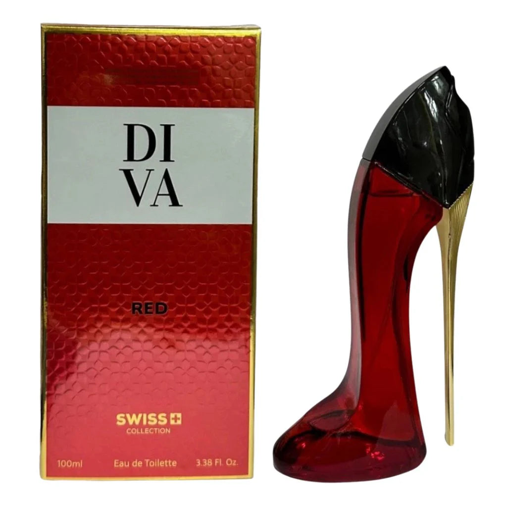 Diva Red by Swiss Collection 100ml Eau de Toilette in a red high-heel shaped bottle with a gold stiletto heel next to its red and gold box.