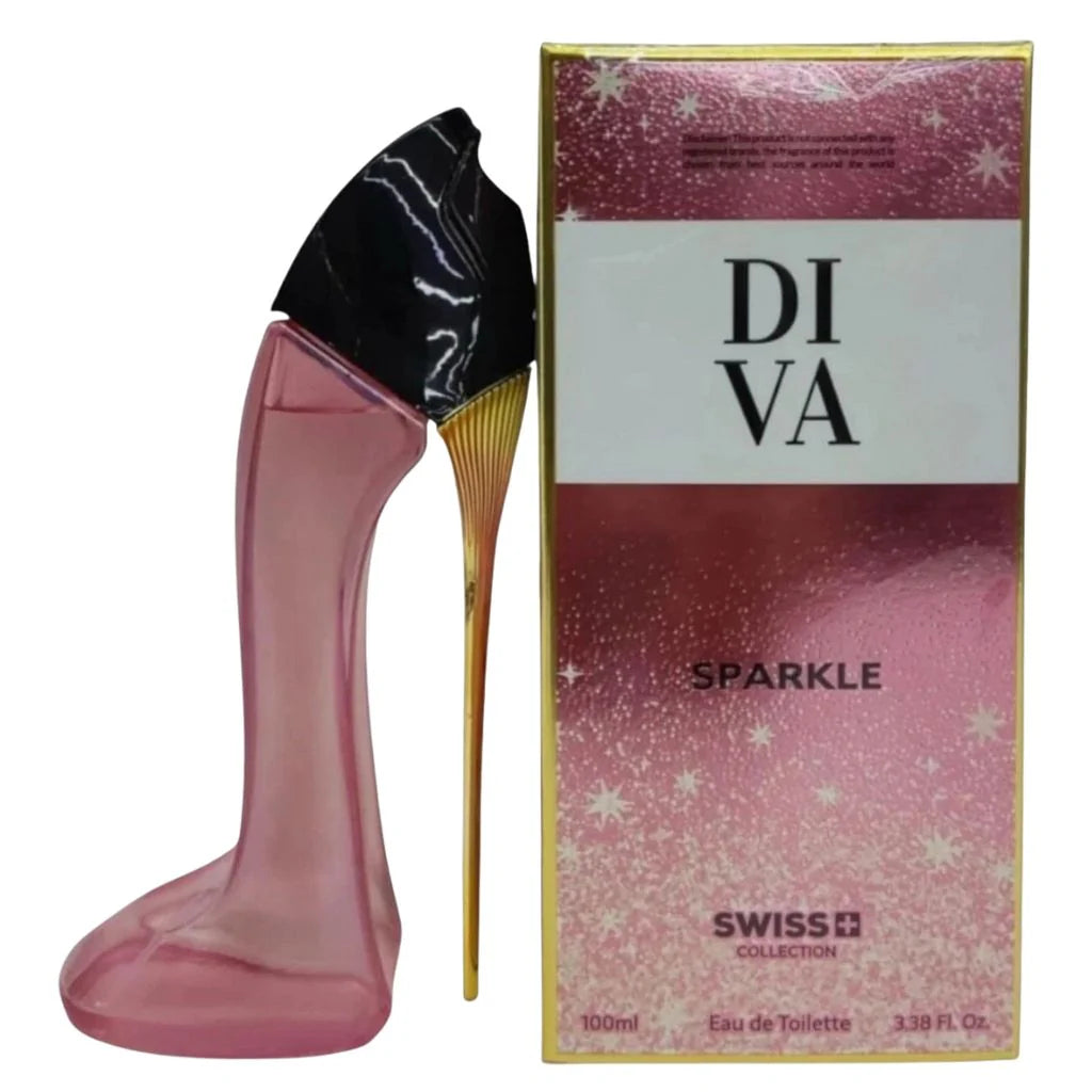Diva Sparkle by Swiss Collection 100ml Eau de Toilette in a pink high-heel shaped bottle with a gold stiletto heel next to its pink and gold box.