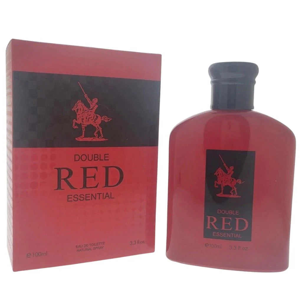 Double Red Essential 100ml Eau de Toilette red bottle and box with black equestrian logo for men