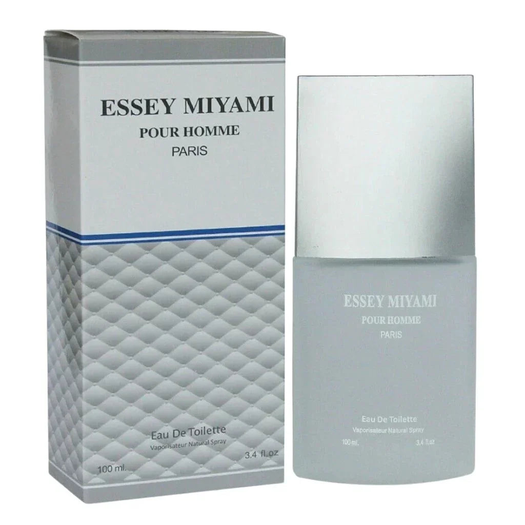 ESSEY MIYAMI Pour Homme Eau de Toilette 100 ml frosted bottle next to its textured silver and grey box.