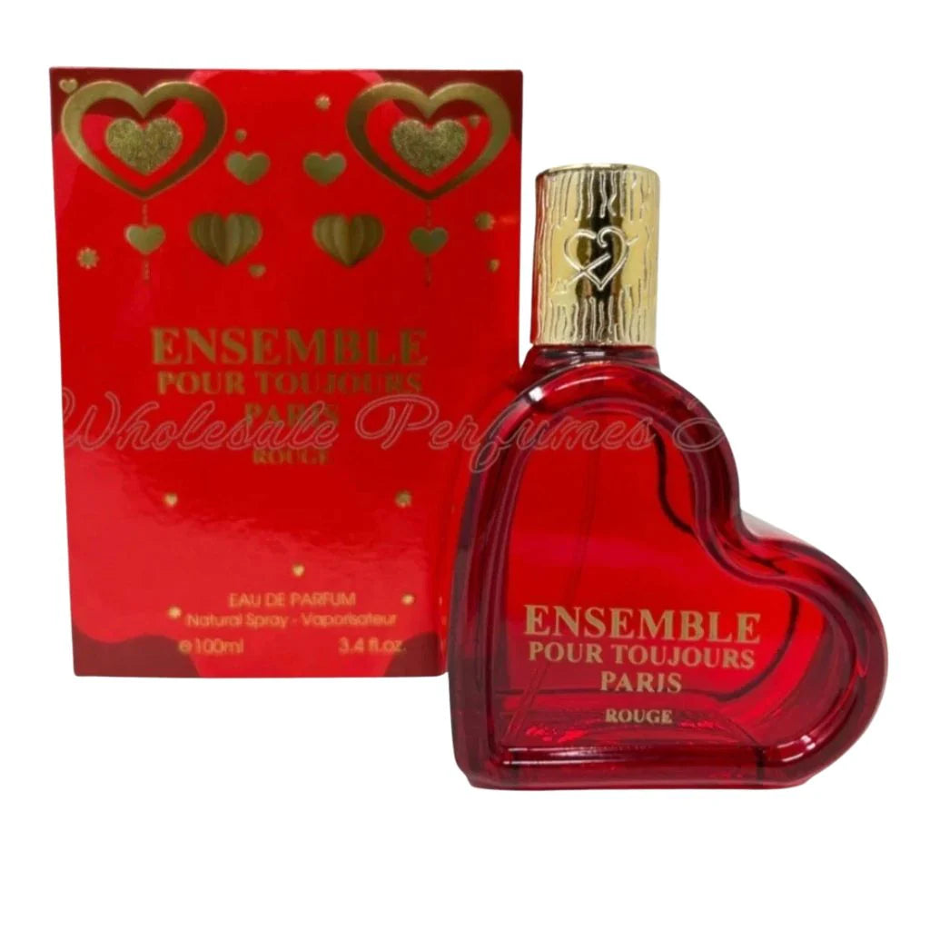 Ensemble Pour Toujours Paris Rouge 100ml heart-shaped red perfume bottle next to its matching red and gold box.