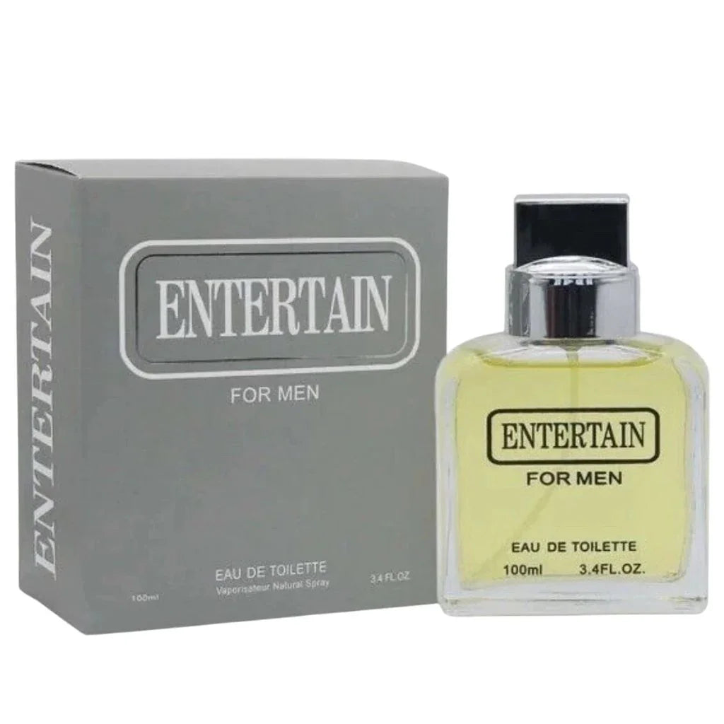 Entertain Eau de Toilette 3.4 fl oz clear glass bottle displaying golden juice with a silver cap, standing next to its clean, minimalist slate-grey presentation box.