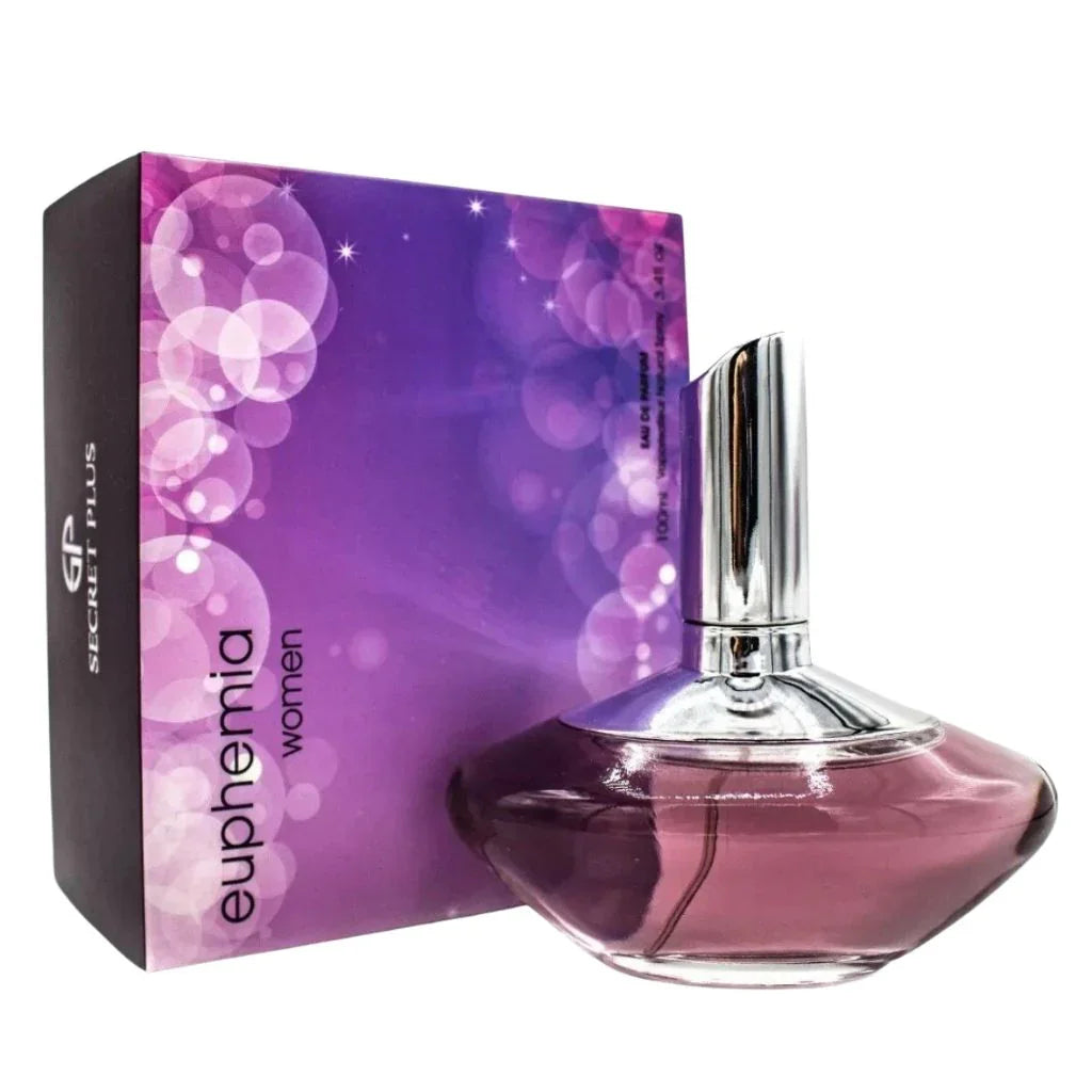 Euphemia 100ml Eau de Toilette in a unique curved purple glass bottle with a silver cap next to its purple and black retail box.