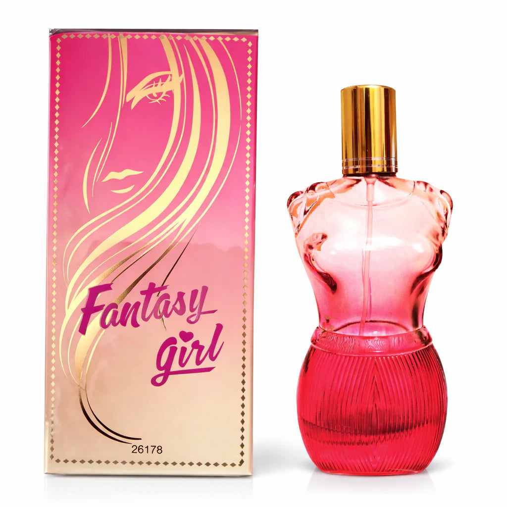 Fantasy Girl by Royal Fragrance 100ml EDP bottle in a feminine pink silhouette shape with its decorative box.