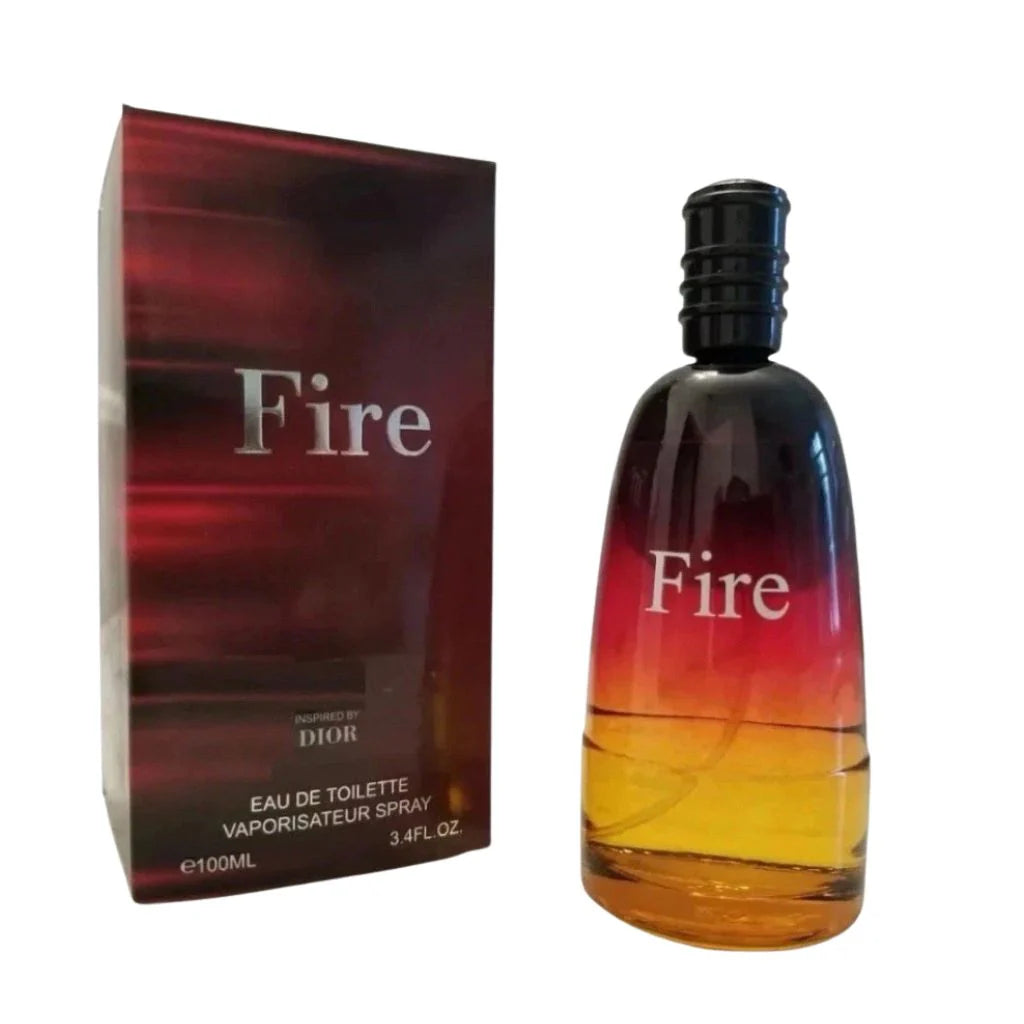 Fire by EBC Collection Eau De Toilette 100ml spray bottle showing a black, red, and yellow gradient beside its matching deep red retail box.