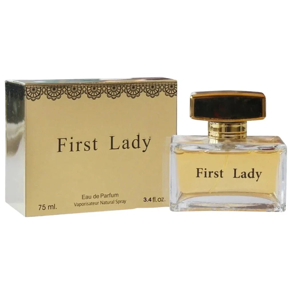 First Lady 100ml Eau de Parfum in a clear rectangular bottle with golden liquid next to its elegant gold retail box.