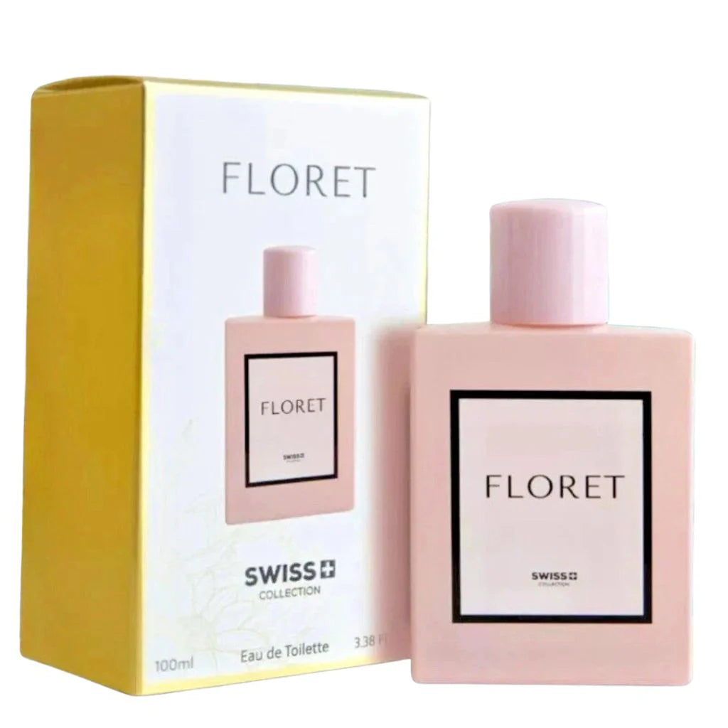 Floret by Swiss Collection 100ml Eau de Toilette in a soft pink matte rectangular bottle next to its white and gold-trimmed box.