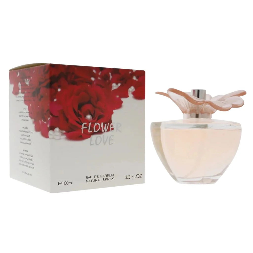 Flower Love 100ml Eau de Parfum in a clear rounded bottle with a decorative flower petal cap next to its red rose-themed box.