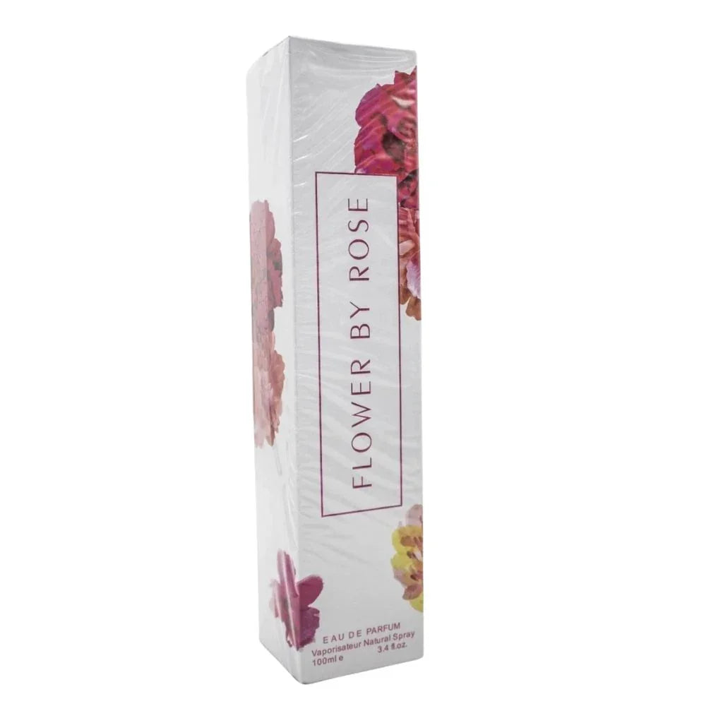 Flower by Rose 100ml Eau de Parfum in a tall white box decorated with red and pink floral artistic designs.