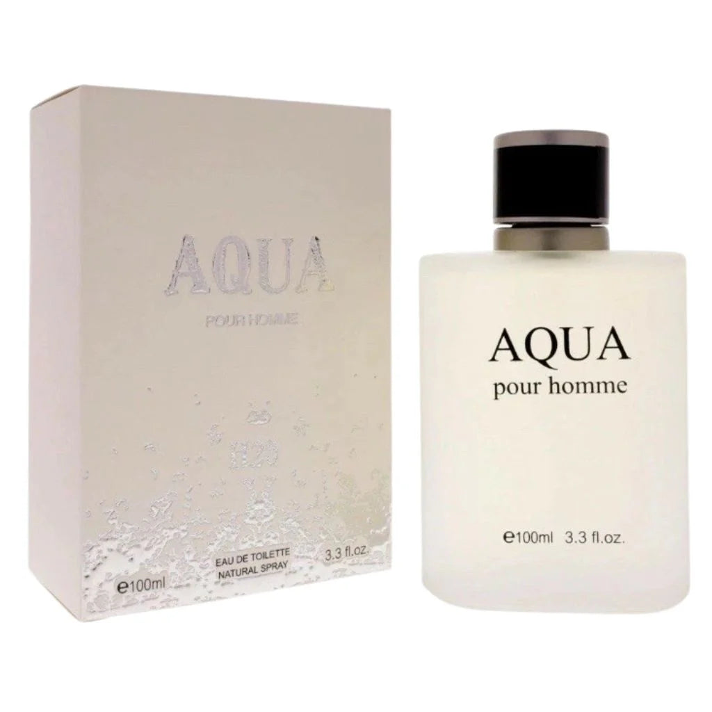 Frosted glass bottle of Aqua H20 for Men 100ml Eau de Toilette next to its textured silver and white retail box.
