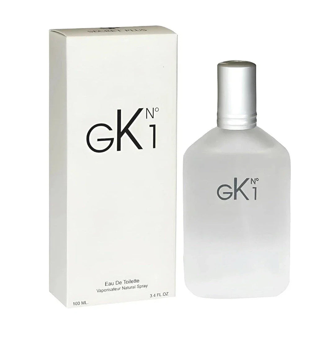 GK 1 Eau de Toilette 3.4 fl oz sleek frosted glass bottle with a silver cap shown standing next to its clean, minimalist matte white presentation box.