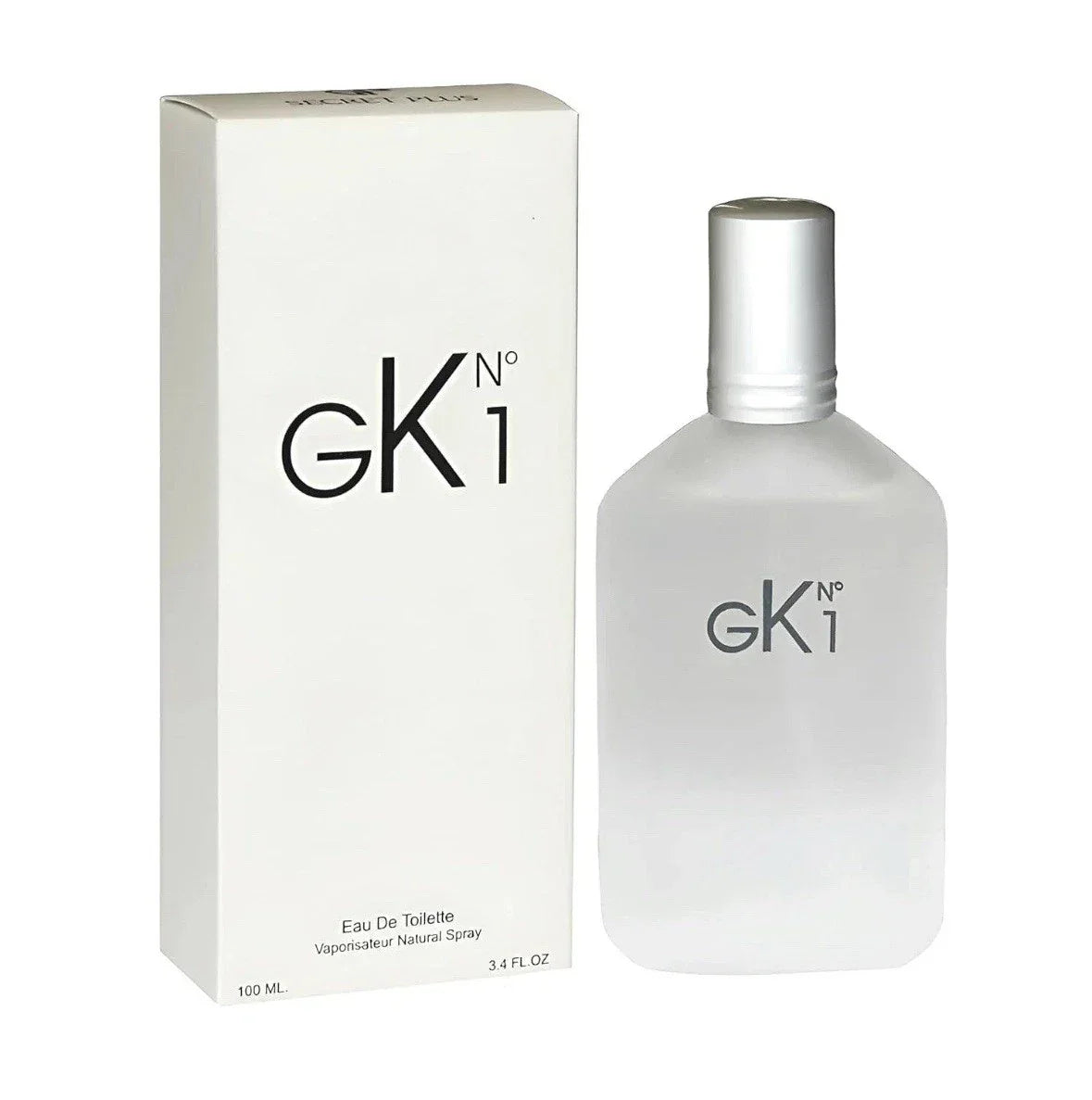 GK 1 Eau de Toilette 3.4 fl oz sleek frosted glass bottle with a silver cap shown standing next to its clean, minimalist matte white presentation box.