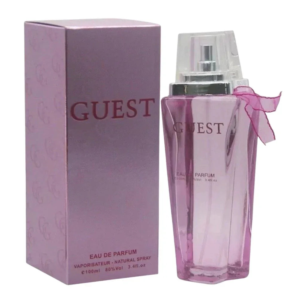 GUEST by Secret Plus 100ml Eau de Parfum in a sculpted pink glass bottle with a ribbon detail, next to its matching pink designer box.