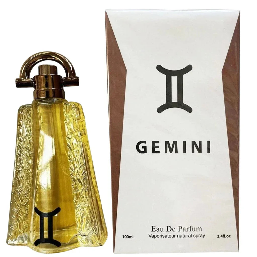 Gemini by Secret Plus 3.4 oz Eau de Parfum in a textured golden bottle with a bronze cap, shown next to its modern brown and white packaging.