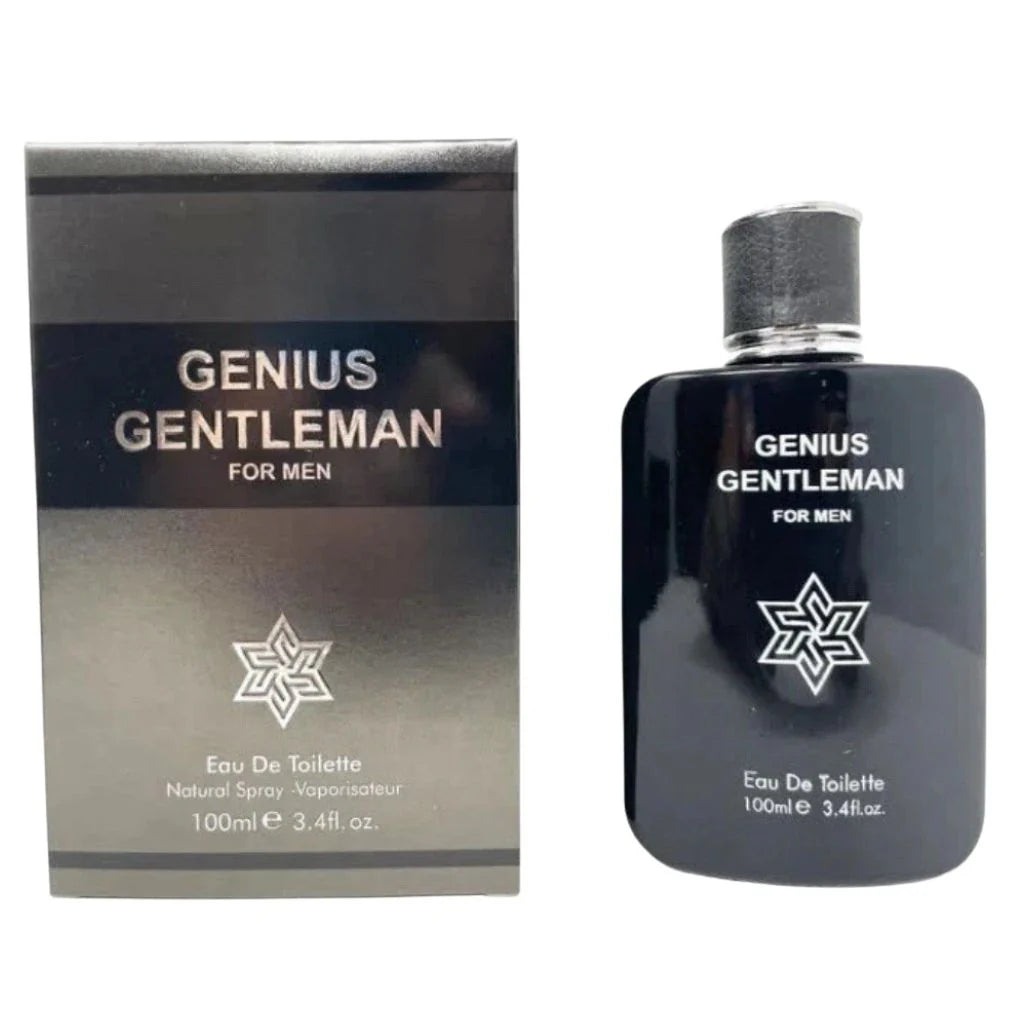 Genius Gentleman for men in a 100ml midnight black bottle with a silver emblem next to its matching black and silver box.