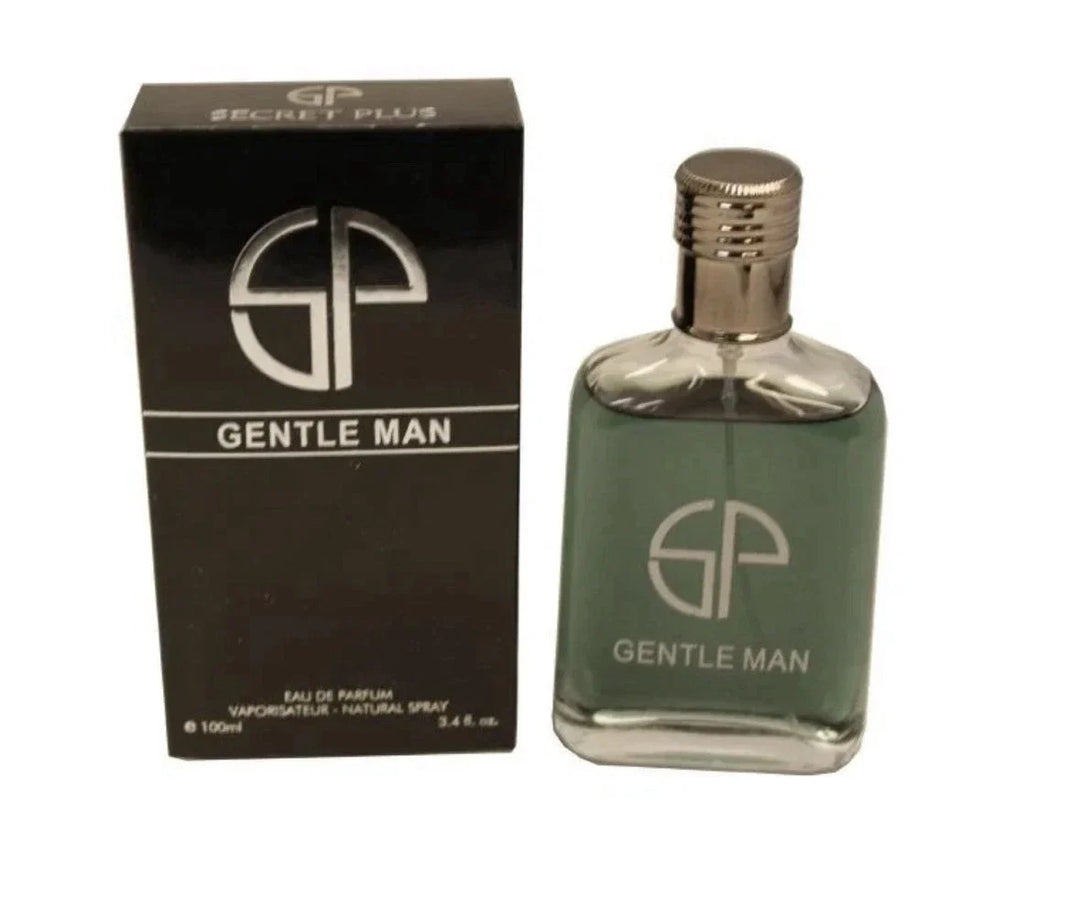 Gentle Man for Men in a 100ml clear glass bottle with a silver cap next to its black "GP" branded retail box.