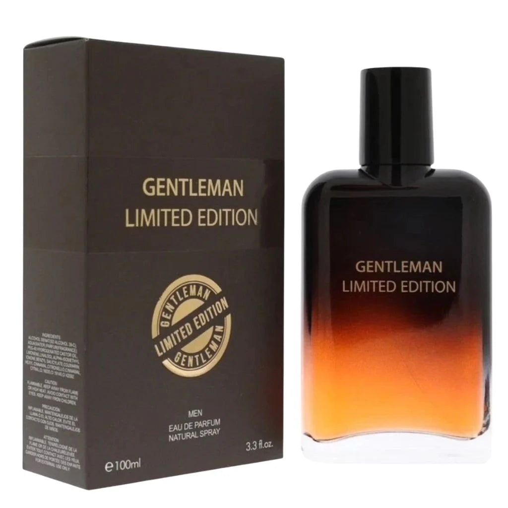 Gentleman Limited Edition Eau de Parfum 3.3 oz 100 ml bottle and retail box with ombre black to amber design