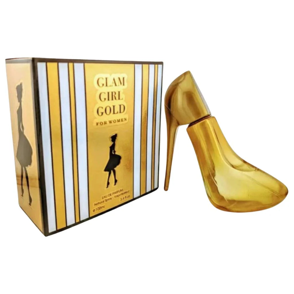 Glam Girl Gold for Women 100ml Eau de Parfum in a gold stiletto-shaped bottle next to its gold and white striped retail box.