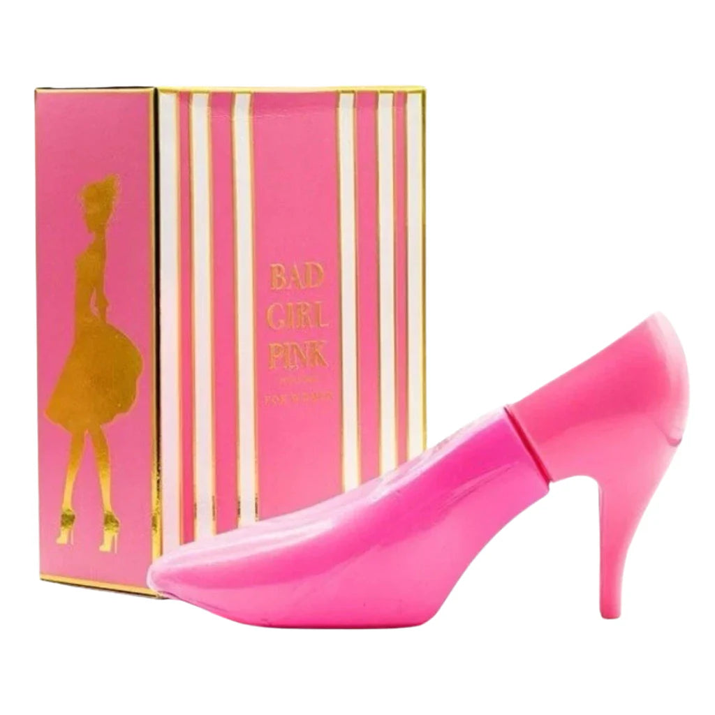Glam Girl Pink 100ml Eau de Parfum in a vibrant pink stiletto-shaped bottle next to its pink and white striped box.