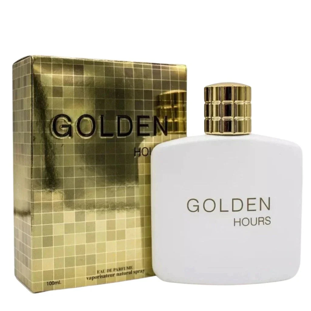 Golden Hours Eau de Parfum by Secret Plus 3.4 fl oz bottle in matte white alongside its premium metallic gold presentation box.