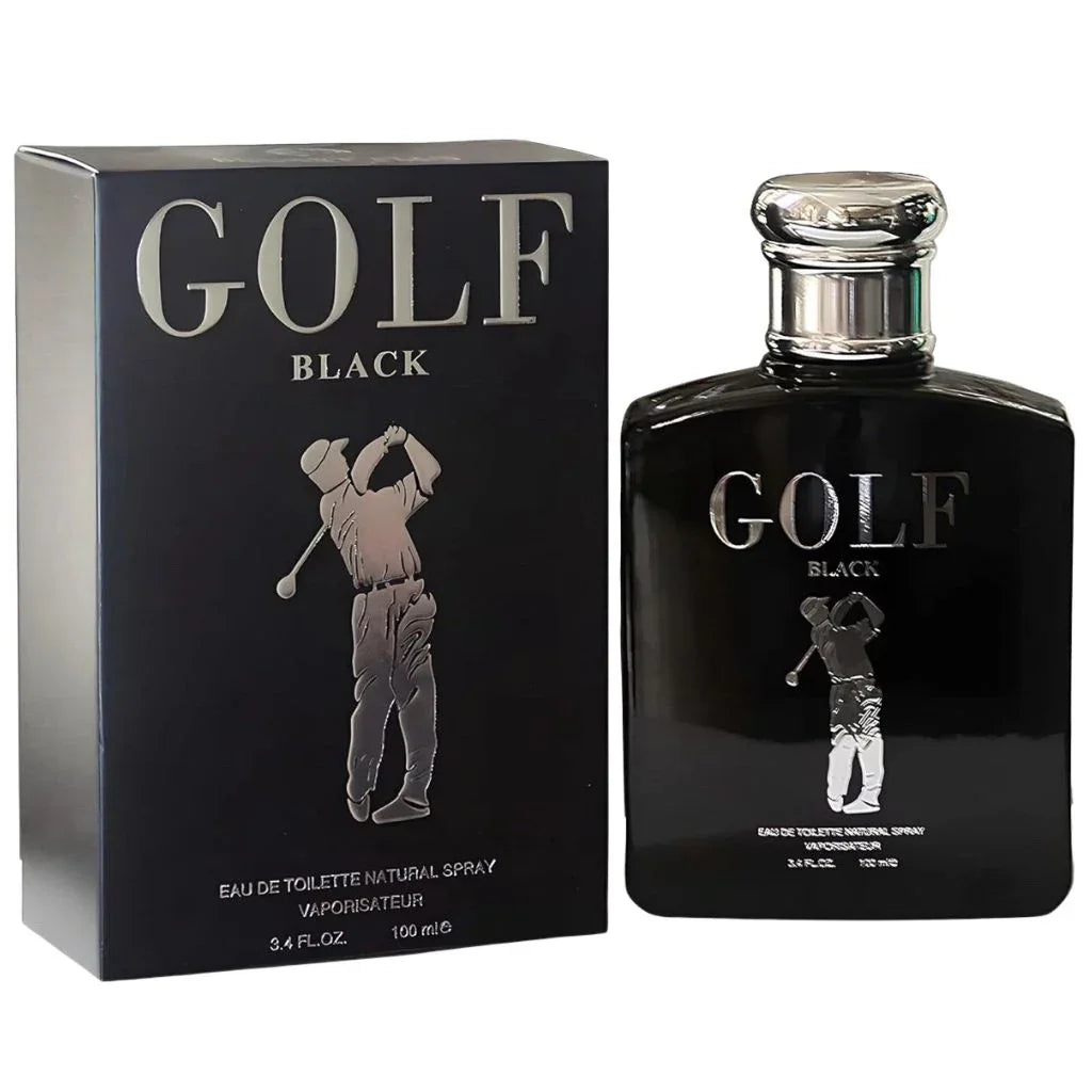 Golf Black Eau de Parfum 3.4 fl oz glossy black bottle with a silver golfer graphic shown next to its premium black and silver presentation box.