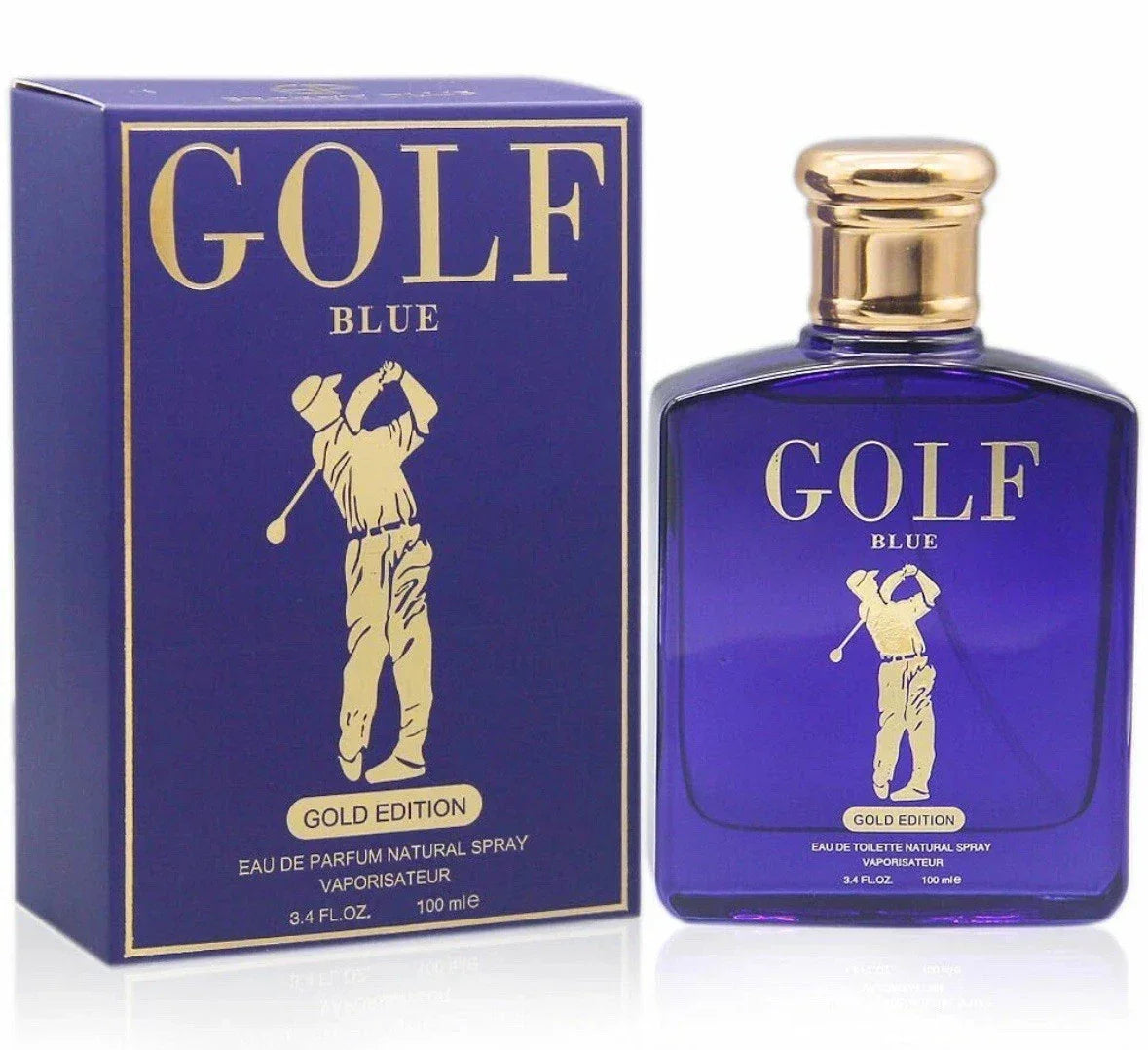 Golf Blue Gold Edition Eau de Parfum 3.4 fl oz royal blue glass bottle with a metallic gold polo graphic shown next to its premium blue and gold presentation box.