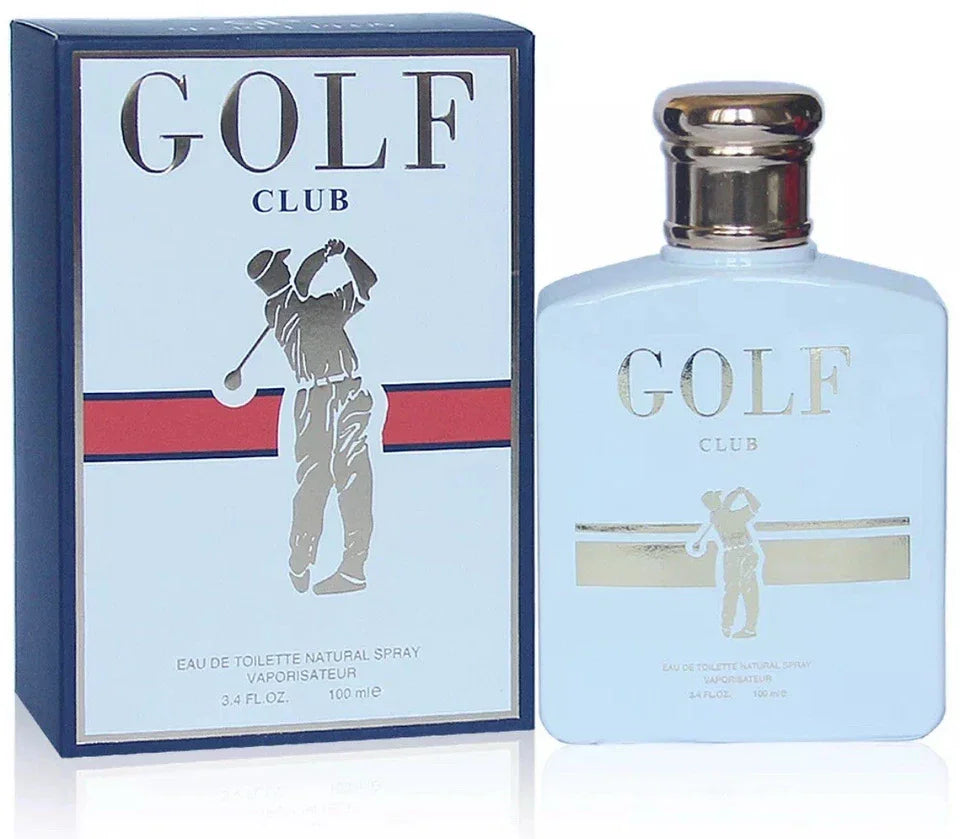 Golf Club Eau de Toilette 3.4 fl oz light sky-blue glass bottle with a silver polo graphic shown standing next to its striped brand presentation box.
