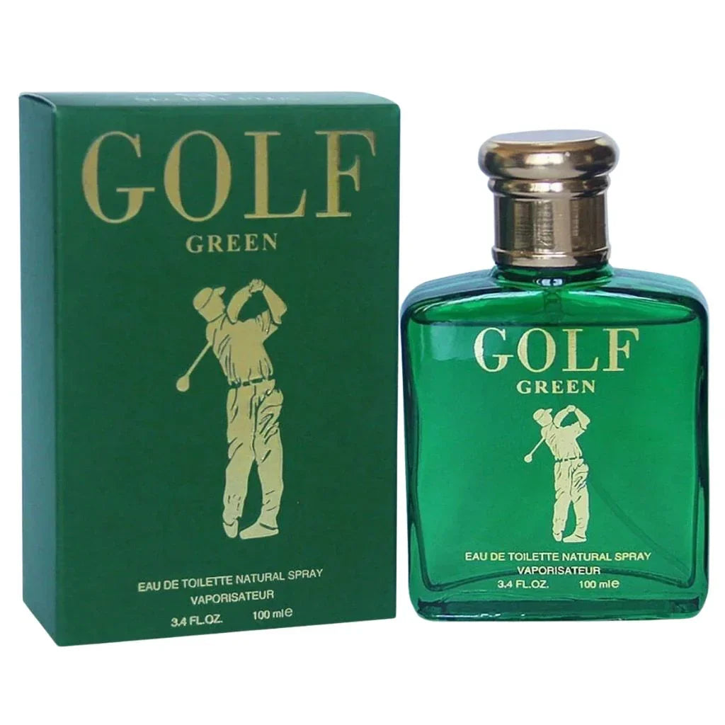 Golf Green Eau de Toilette 100 ml men's cologne bottle in a deep emerald design next to its matching green presentation box.