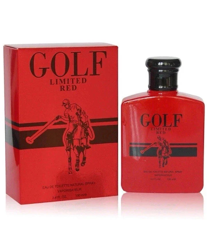 Golf Limited Red Eau de Toilette 3.4 fl oz bold crimson bottle with a black polo player graphic shown standing next to its premium red and black presentation box.