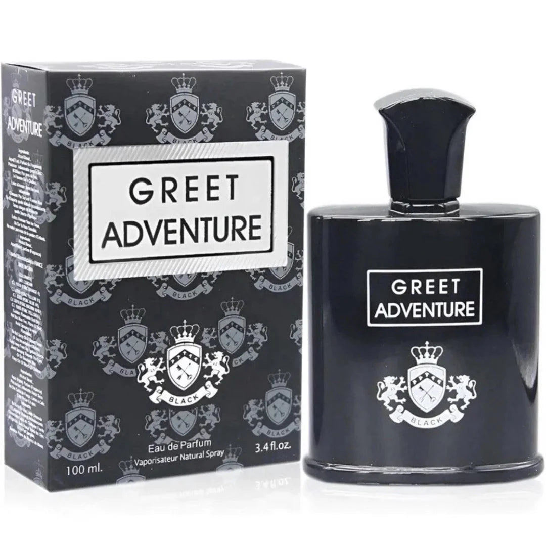 Greet Adventure Black for Men in a 100ml matte black bottle with a silver crest next to its black and silver heraldic patterned box.