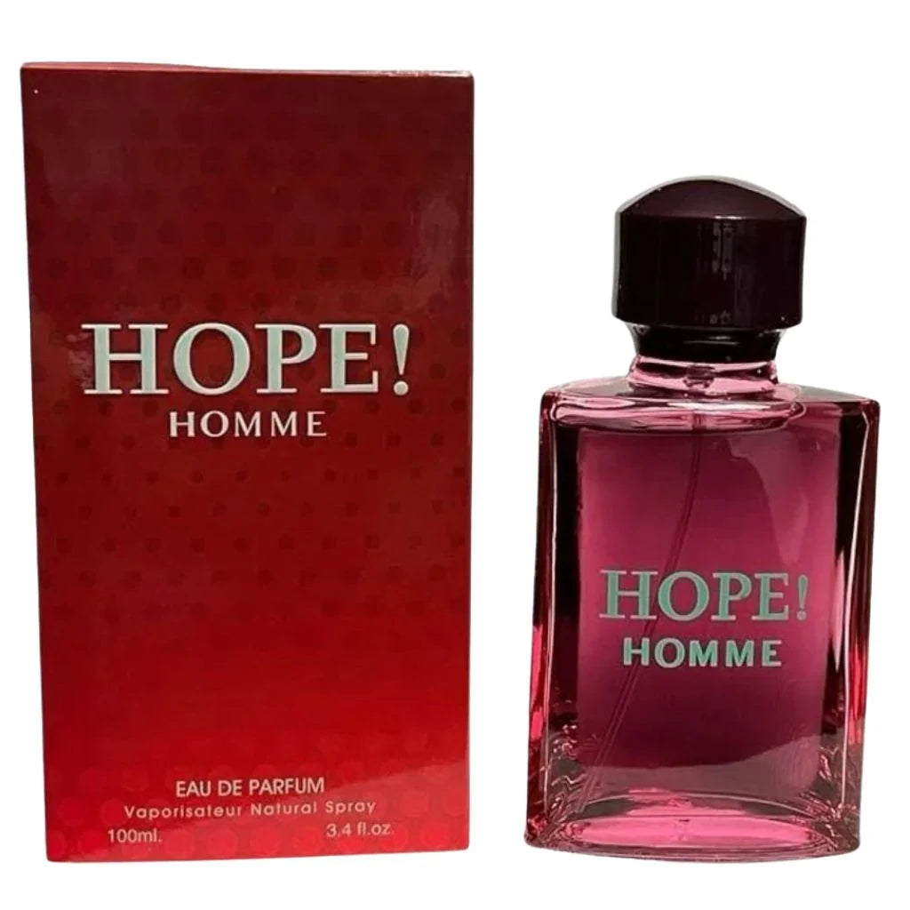 HOPE! HOMME Eau de Parfum 100 ml men's fragrance spray bottle next to its rich red presentation box.