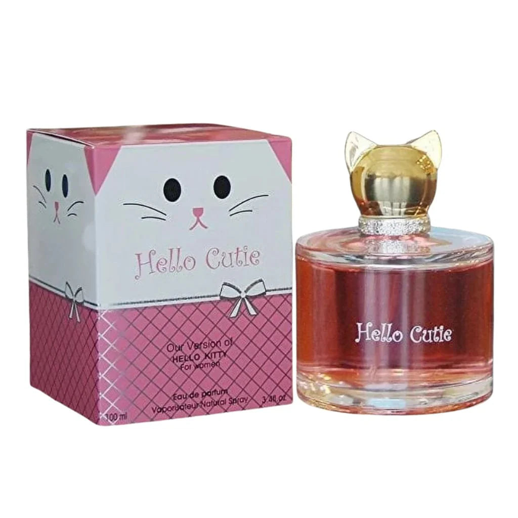 Hello Cutie 100ml Eau De Parfum bottle next to its cute white and pink cat-themed box.