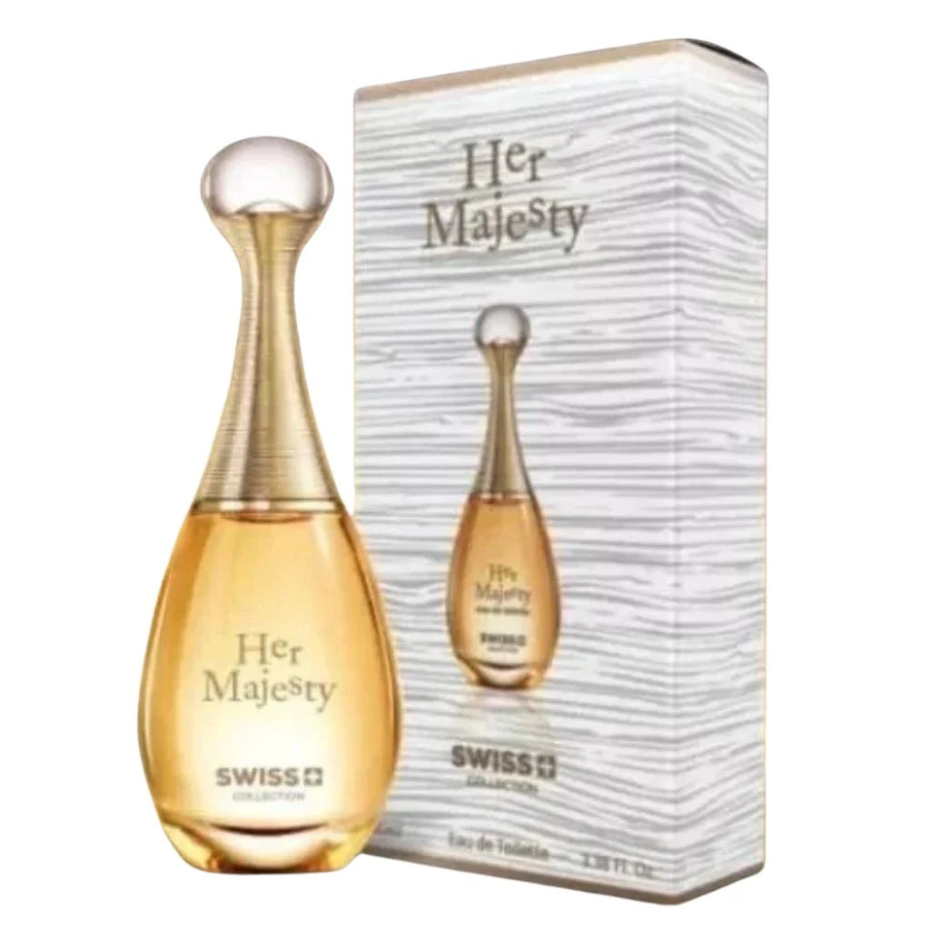 Her Majesty by Swiss Collection 100ml Eau de Toilette in a gold-toned teardrop bottle next to its textured silver and gold box.