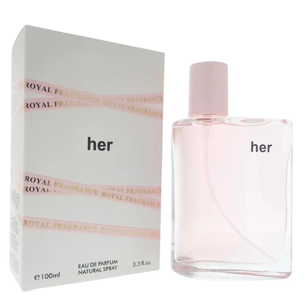 Her Perfume for Women 100ml Eau de Parfum in a minimalist clear glass bottle with a pink cap next to its white and pink retail box.