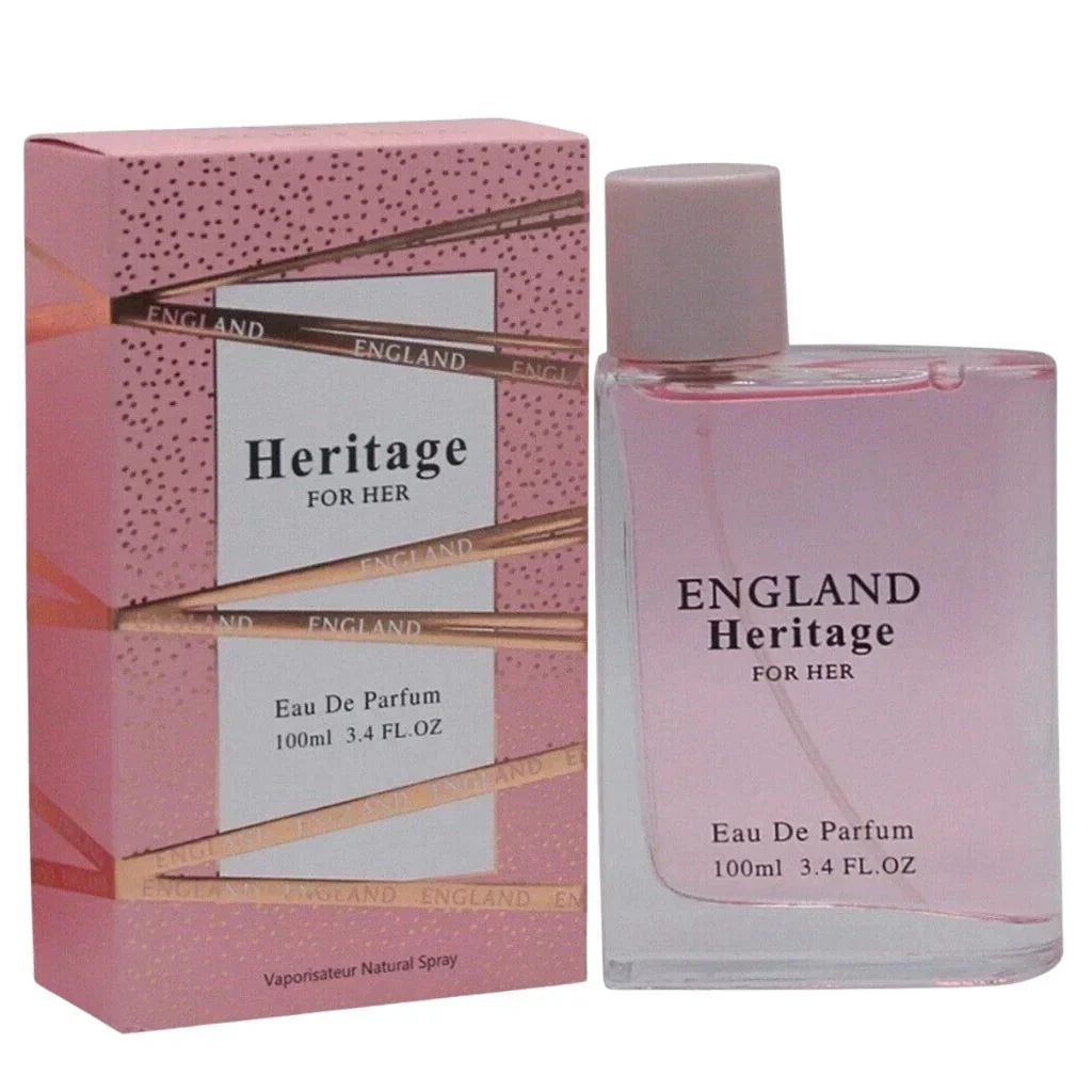 Heritage For Her 100ml Eau de Parfum in a sleek pink bottle next to its pink box featuring a plaid ribbon design.