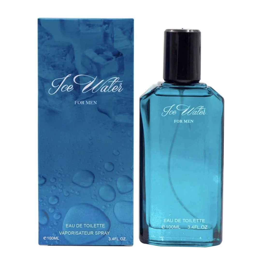 Ice Water for Men in a 100ml translucent blue bottle next to its blue box featuring a water droplet design.