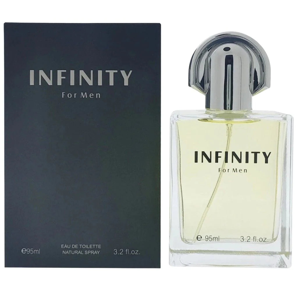 Infinity for Men 95ml Eau de Toilette bottle with silver cap and midnight blue retail box featuring fresh aromatic notes.
