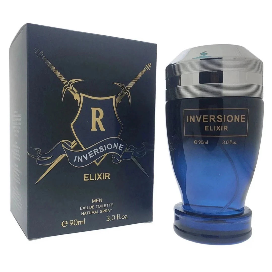 Inversione Elixir for Men in a 90ml blue gradient bottle with a silver cap next to its black box featuring a gold and silver heraldic crest.