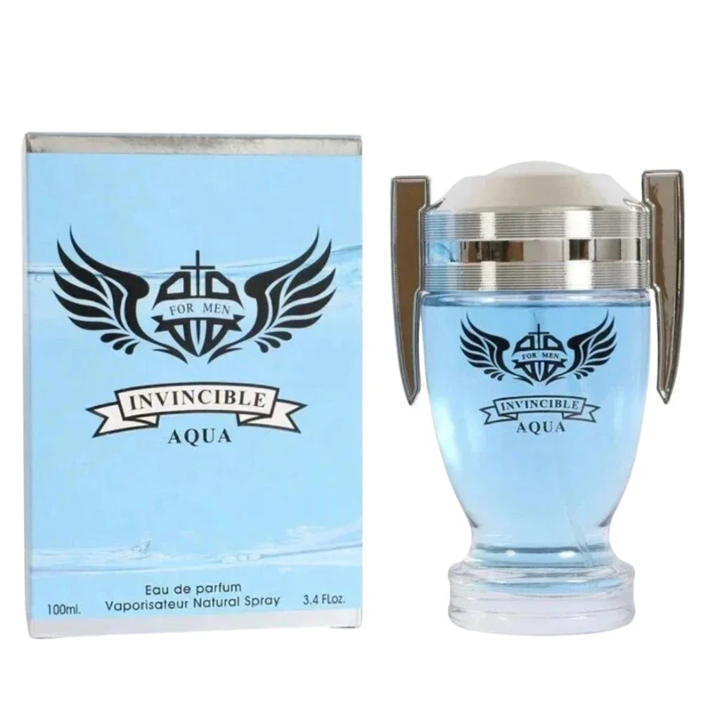 Invincible Aqua Eau de Parfum 3.4 fl oz light blue trophy-shaped glass bottle with a silver cap, standing next to its clean, minimalist sky-blue presentation box.